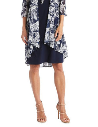 Vestido com colar e jaqueta estampada feminina R&amp;M Richards, azul, tamanho 6