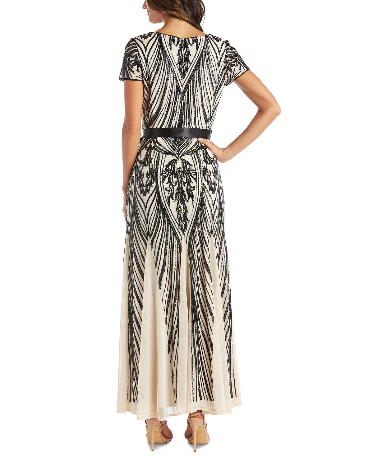 Vestido feminino com cinto e lantejoulas R &amp; M Richards, marrom, tamanho 8