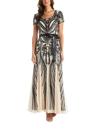 R & M Richards Women's Sequined Belted Dress Brown Size 14