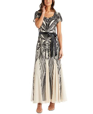 Vestido feminino com cinto e lantejoulas R &amp; M Richards, marrom, tamanho 14