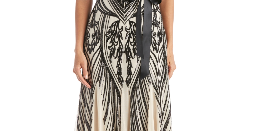 Vestido feminino com cinto e lantejoulas R &amp; M Richards, marrom, tamanho 14