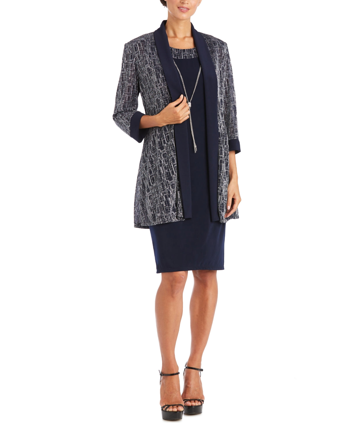 Conjunto de 2 peças de jaqueta e vestido com colar feminino R &amp; M Richards, azul, tamanho 16