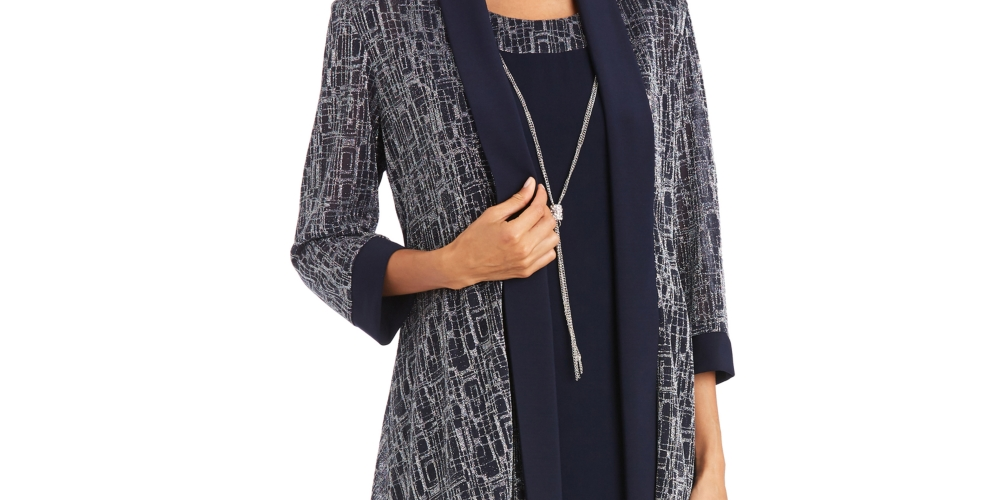 Conjunto de 2 peças de jaqueta e vestido com colar feminino R &amp; M Richards, azul, tamanho 16