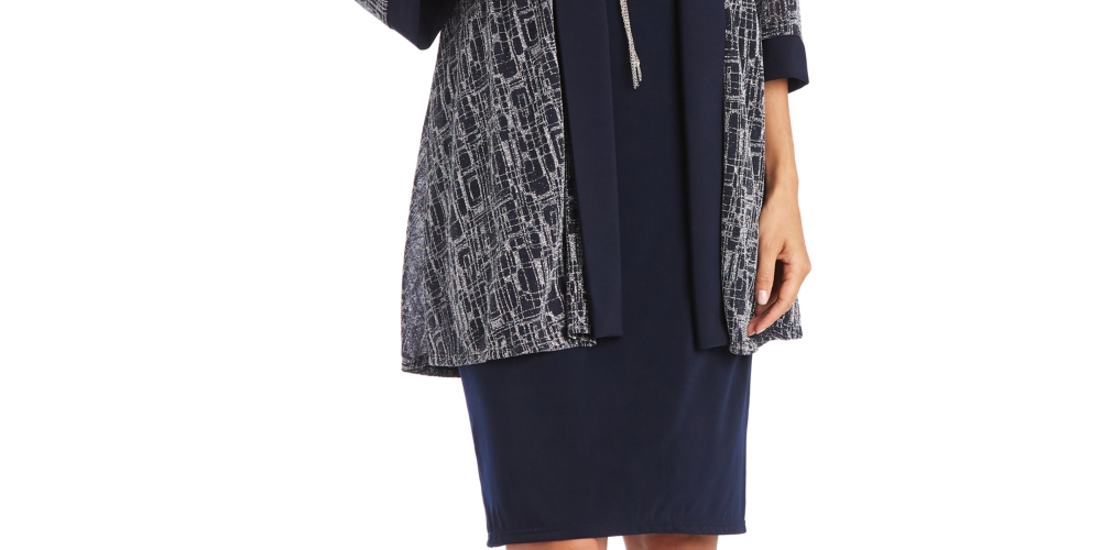 Conjunto de 2 peças de jaqueta e vestido com colar feminino R &amp; M Richards, azul, tamanho 16