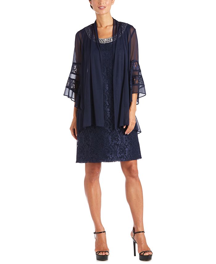Vestido e jaqueta de renda femininos R&amp;M Richards, 2 peças, azul, tamanho 16