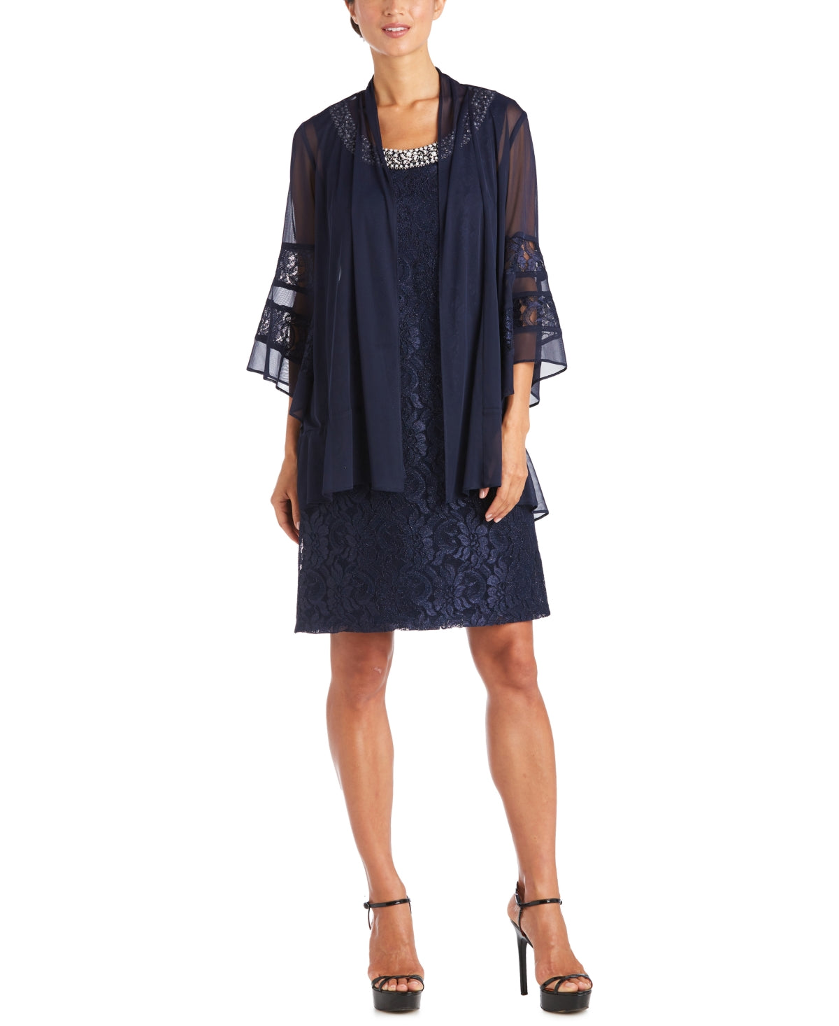 Vestido e jaqueta de renda femininos R&amp;M Richards, 2 peças, azul, tamanho 16