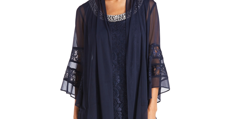 Vestido e jaqueta de renda femininos R&amp;M Richards, 2 peças, azul, tamanho 16