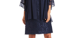 Vestido e jaqueta de renda femininos R&amp;M Richards, 2 peças, azul, tamanho 16