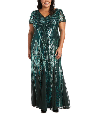 R & M Richards Women's Sequinned Beaded Long Dress Green Size 16W