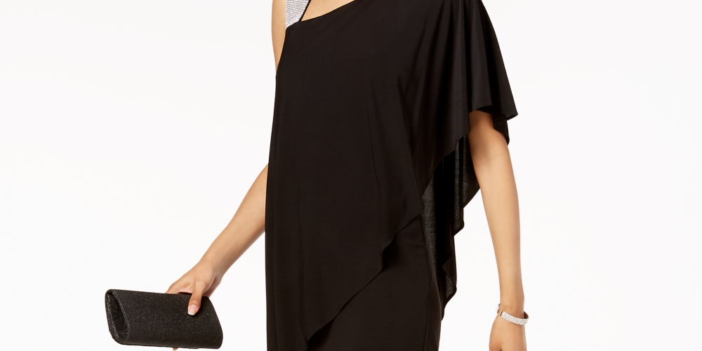 Vestido feminino R &amp; M Richards com um ombro só e strass, preto, tamanho 16