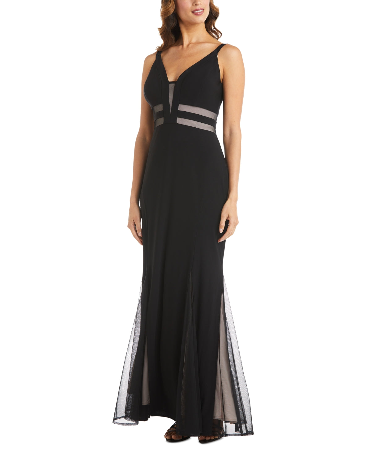 Vestido de sereia com detalhes em malha Morgan &amp; Co. para mulheres, preto, tamanho 6