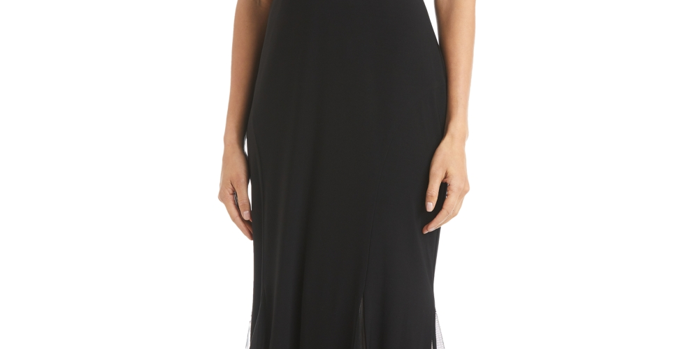 Vestido de sereia com detalhes em malha Morgan &amp; Co. para mulheres, preto, tamanho 6