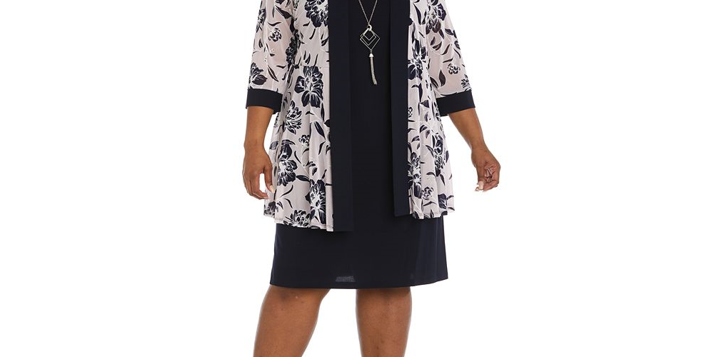 Vestido e jaqueta de malha estampada feminina R &amp; M Richards, roxo, tamanho 14W