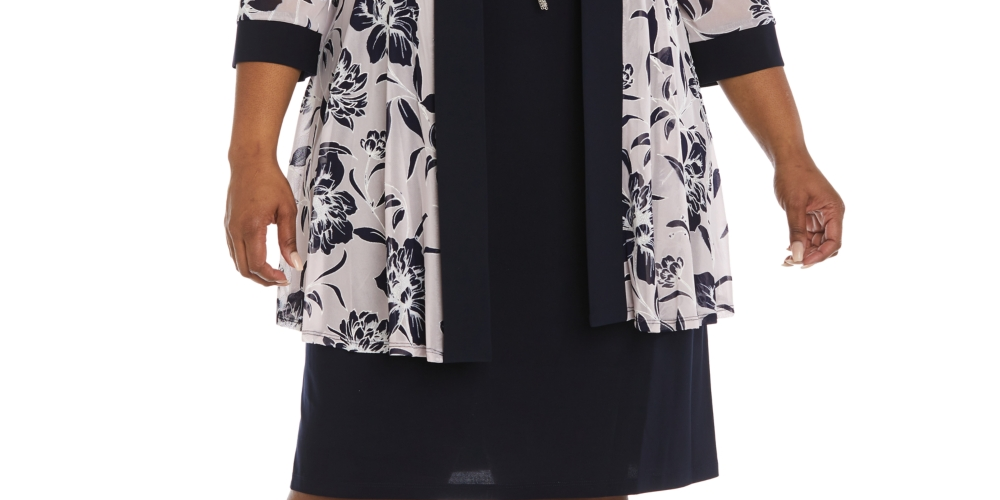 Vestido e jaqueta de malha estampada feminina R &amp; M Richards, roxo, tamanho 14W