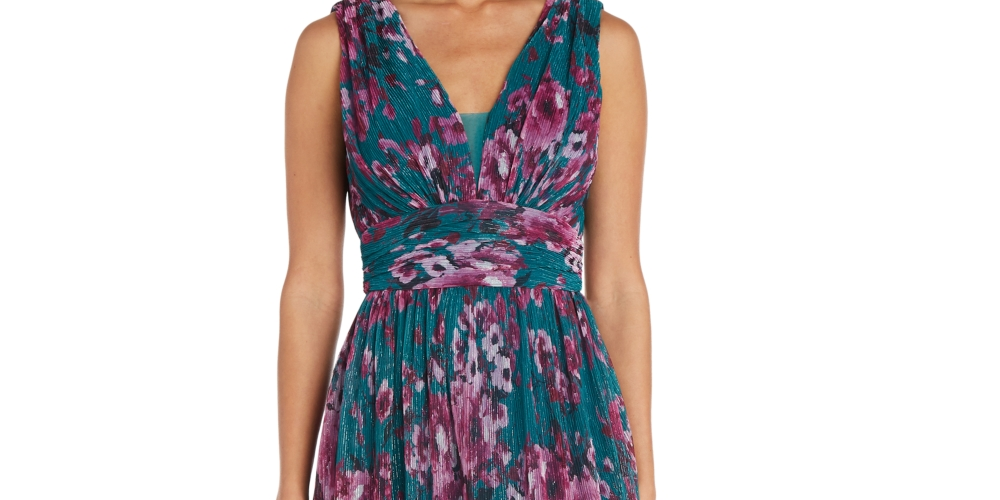 Vestido plissado com estampa floral feminino Nightway, azul, tamanho 4