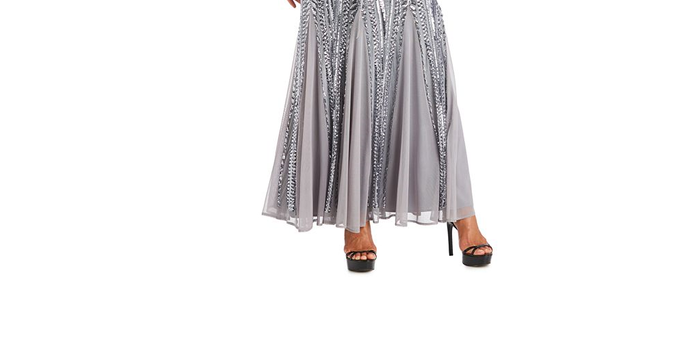 Vestido Godet Embelezado Feminino R &amp; M Richards Cinza Tamanho 18