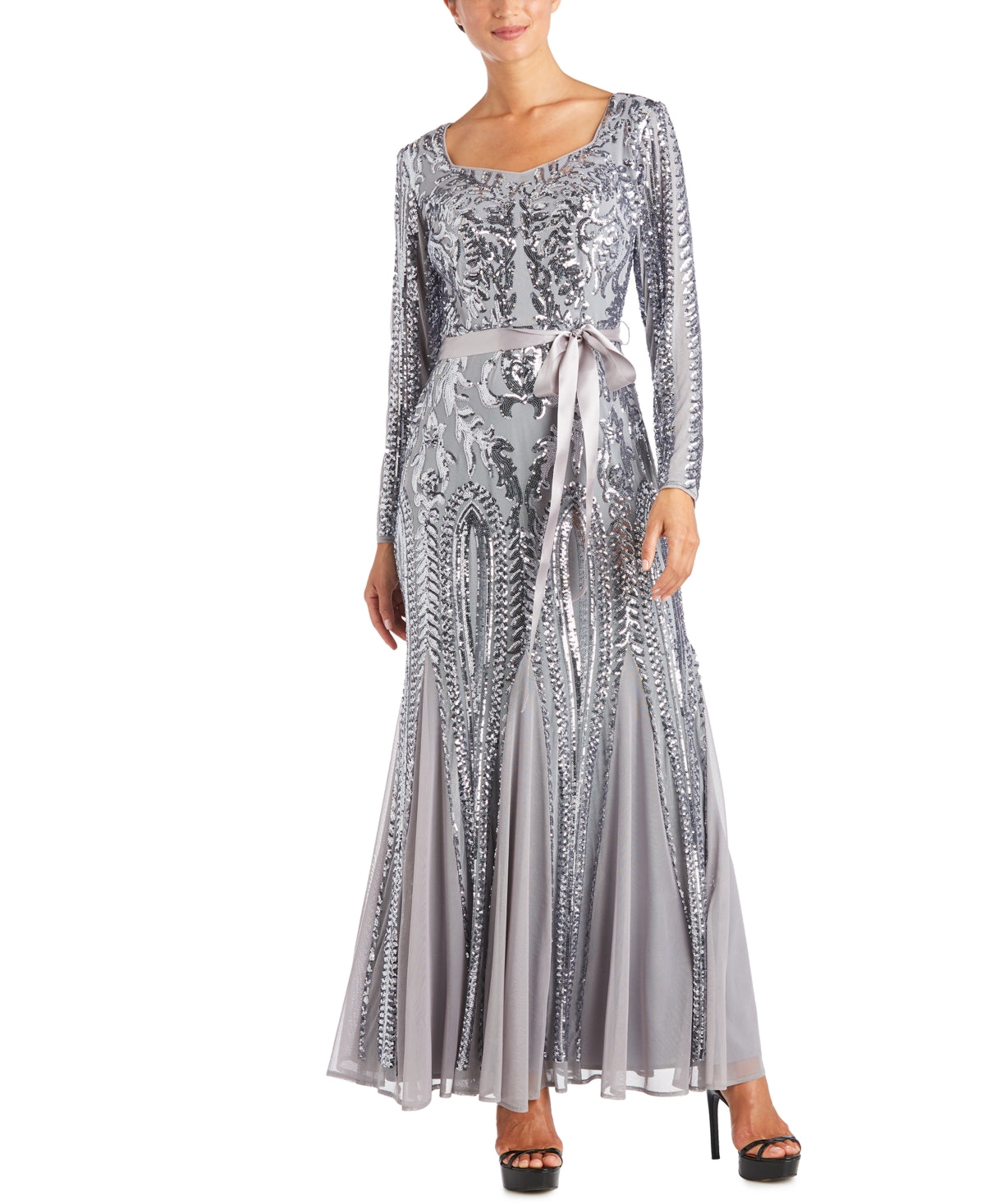 Vestido Godet Embelezado Feminino R &amp; M Richards Cinza Tamanho 18