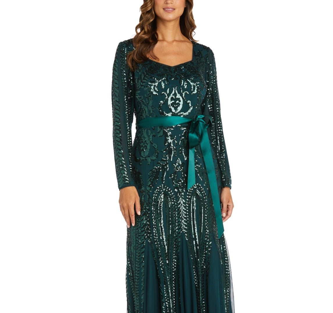 Vestido de noite longo Godet feminino R &amp; M Richards, verde, tamanho 16