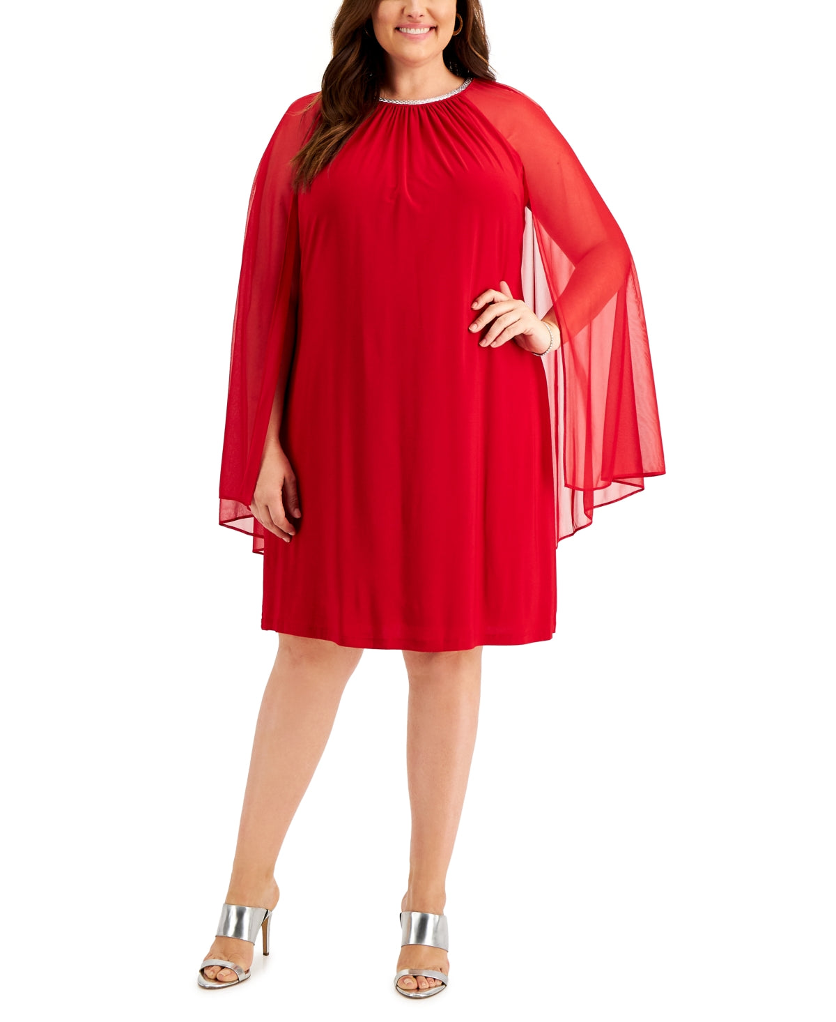 Vestido feminino R &amp; M Richards com manga de chiffon e strass, tamanho 20W, vermelho
