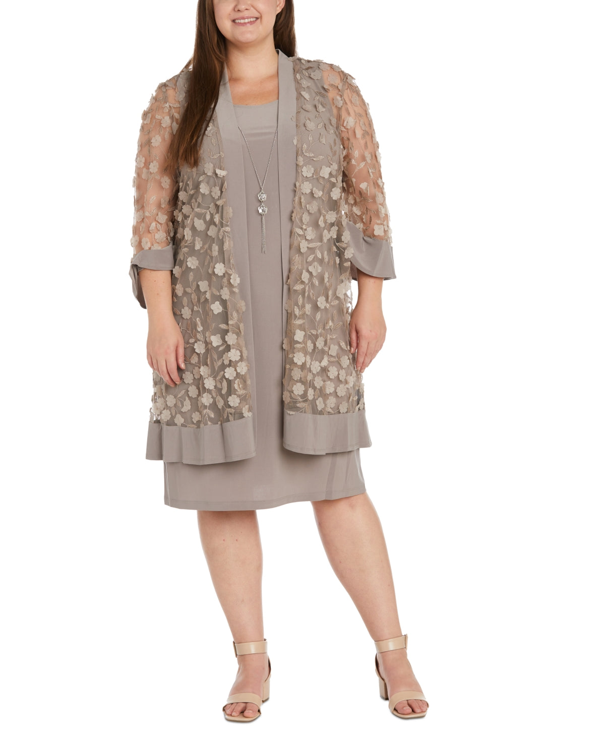 Vestido feminino com decote redondo e jaqueta floral R &amp; M Richards, marrom, tamanho 16W