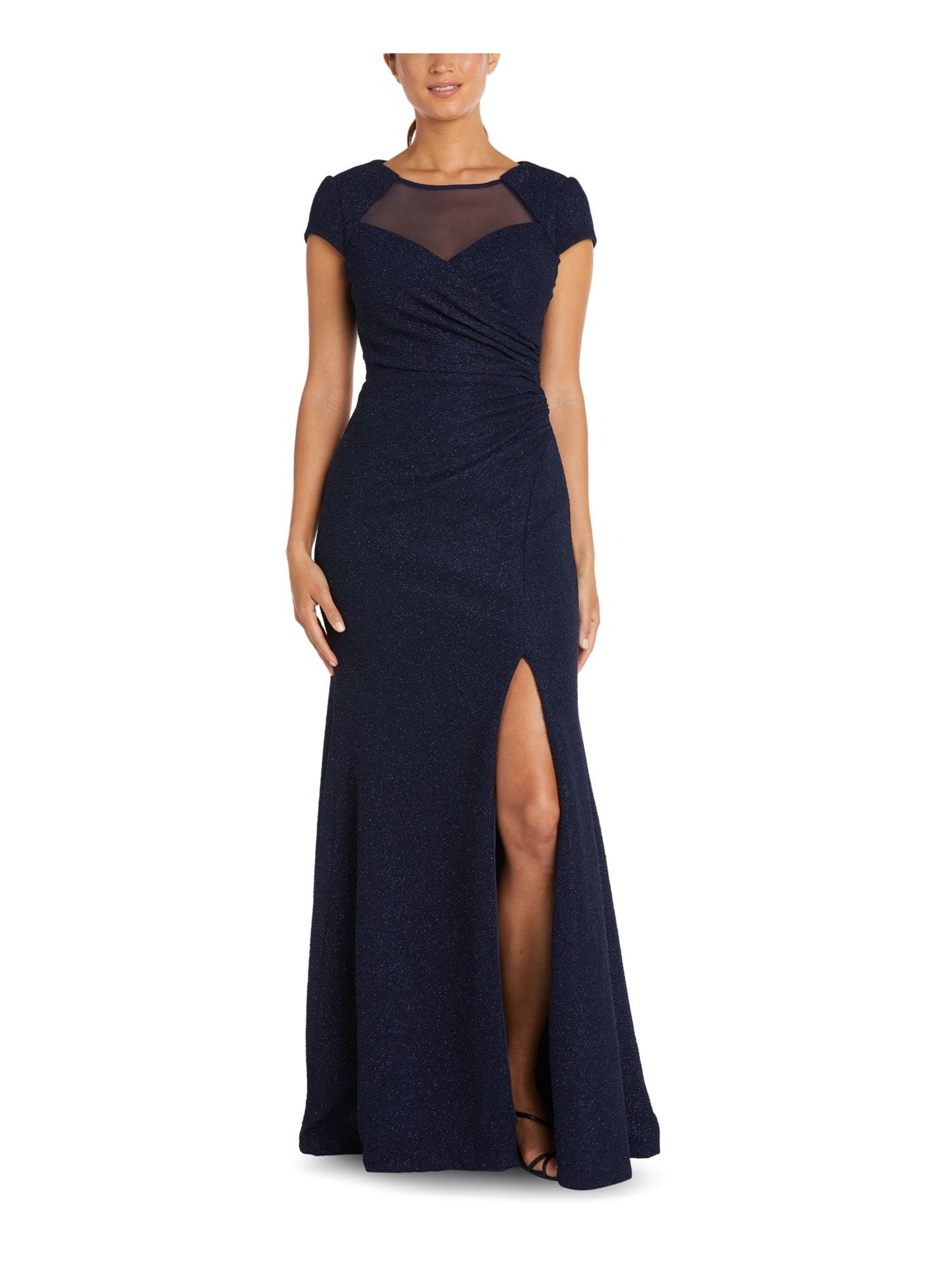 Vestido de festa feminino Nightway com manga curta e ilusão, azul, tamanho 6, pequeno