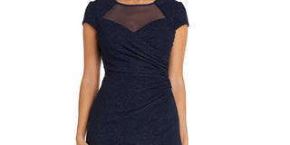 Vestido de festa feminino Nightway com manga curta e ilusão, azul, tamanho 6, pequeno