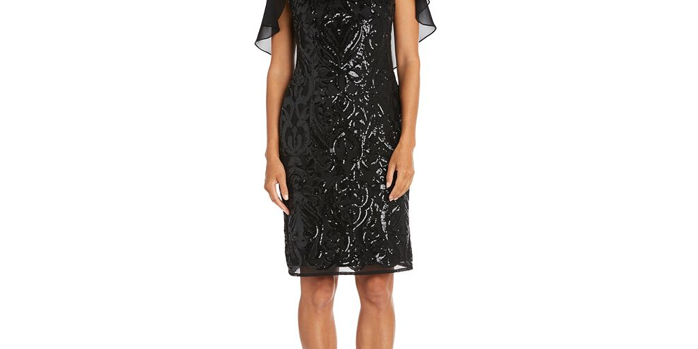 Vestido Capelet Feminino R &amp; M Richards com Lantejoulas, Preto, Tamanho 12