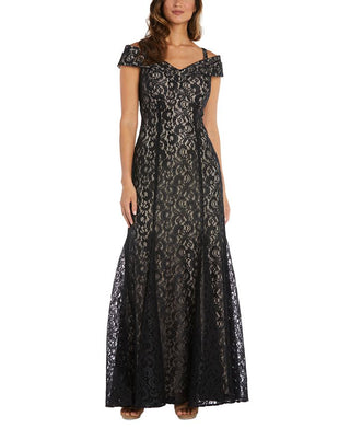 Vestido de renda ombro a ombro feminino R &amp; M Richards, preto, tamanho 12