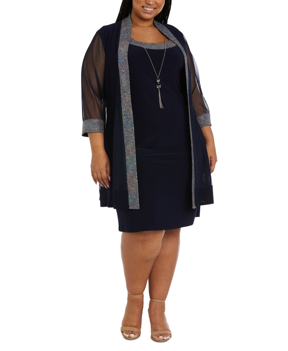 R &amp; M Richards Masculino Plus 2 Peças com Acabamento Brilhante e Vestido com Colar Azul Tamanho 20W