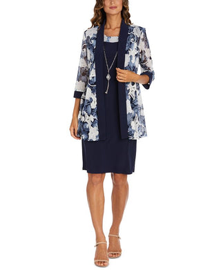 Vestido e jaqueta estampados femininos R &amp; M Richards, azul, tamanho 12