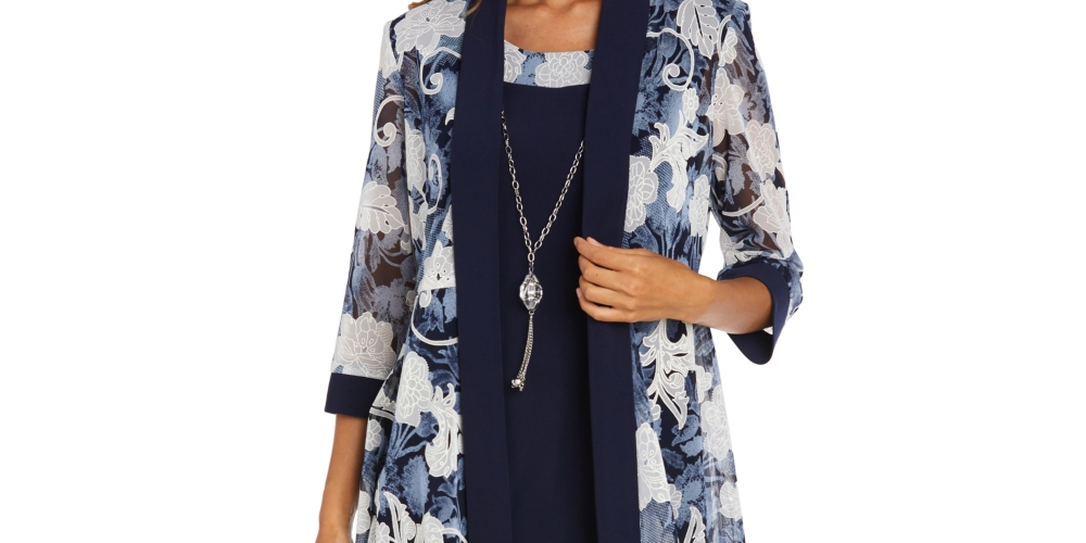 Vestido e jaqueta estampados femininos R &amp; M Richards, azul, tamanho 12