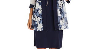 Vestido e jaqueta estampados femininos R &amp; M Richards, azul, tamanho 12