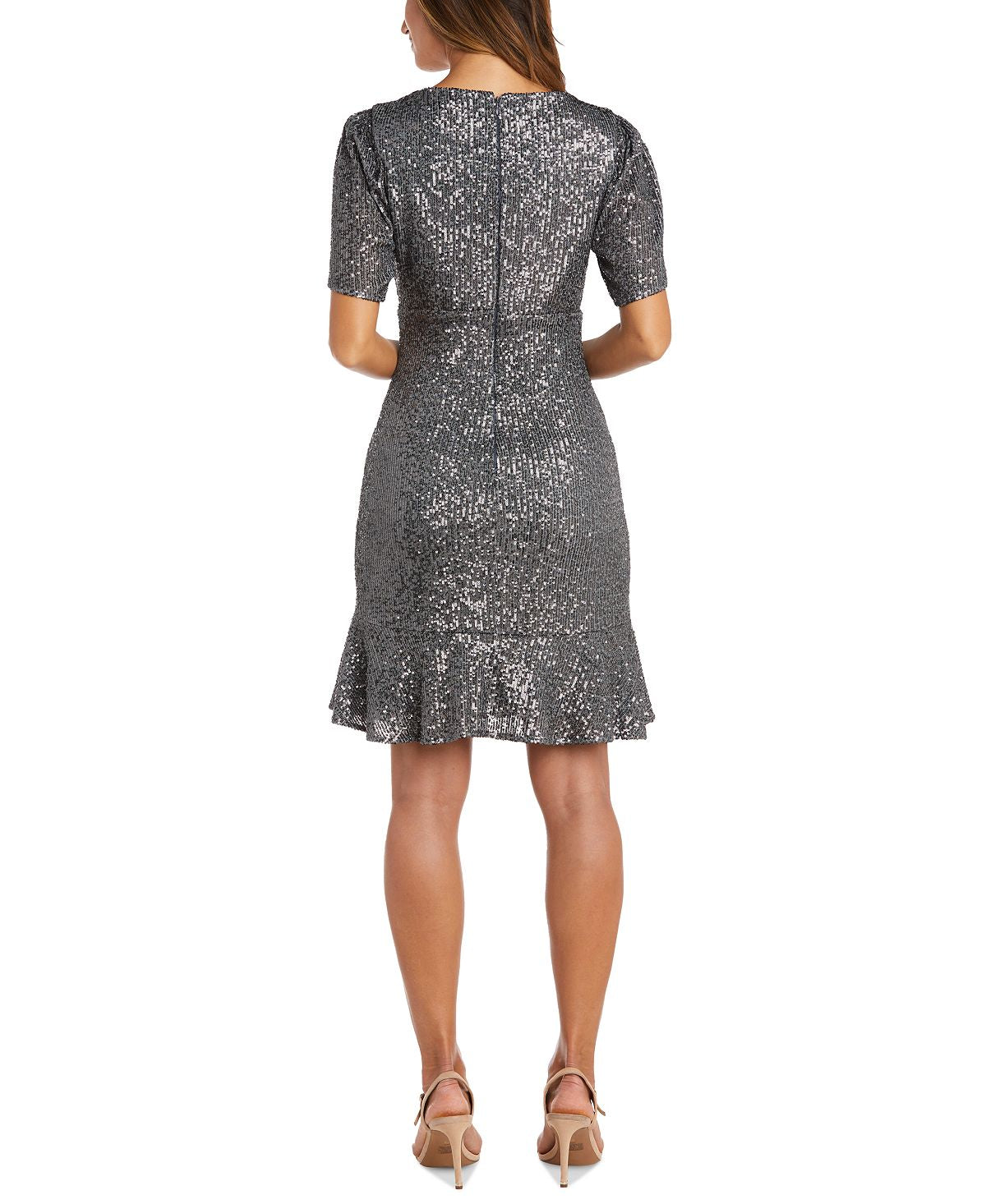 Vestido curto de lantejoulas com manga curta para mulheres Nightway, tamanho 8, prateado