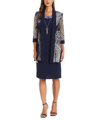 Conjunto de 2 peças de jaqueta e vestido estampado feminino R &amp; M Richards, azul, tamanho 8, pequeno