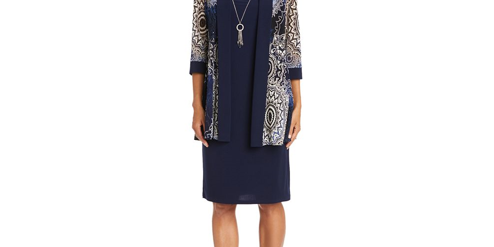 Conjunto de 2 peças de jaqueta e vestido estampado feminino R &amp; M Richards, azul, tamanho 8, pequeno