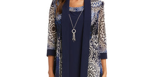 Conjunto de 2 peças de jaqueta e vestido estampado feminino R &amp; M Richards, azul, tamanho 8, pequeno