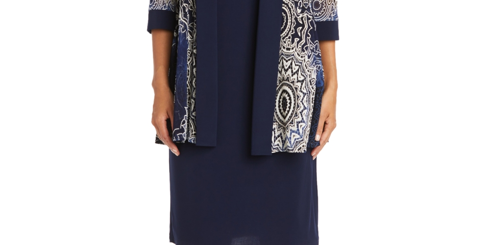 Conjunto de 2 peças de jaqueta e vestido estampado feminino R &amp; M Richards, azul, tamanho 8, pequeno