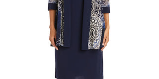 Conjunto de 2 peças de jaqueta e vestido estampado feminino R &amp; M Richards, azul, tamanho 8, pequeno