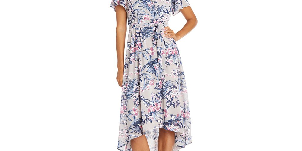 Vestido envelope falso com mangas esvoaçantes R &amp; M Richards feminino, marrom, tamanho 14, pequeno