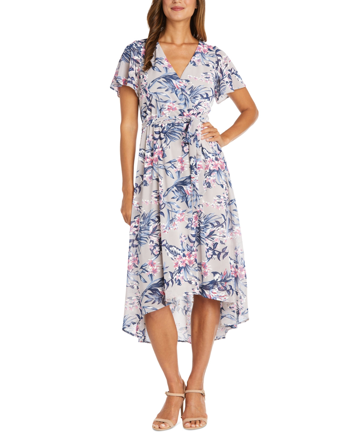 Vestido envelope falso com mangas esvoaçantes R &amp; M Richards feminino, marrom, tamanho 14, pequeno