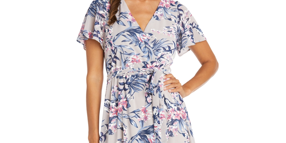 Vestido envelope falso com mangas esvoaçantes R &amp; M Richards feminino, marrom, tamanho 14, pequeno