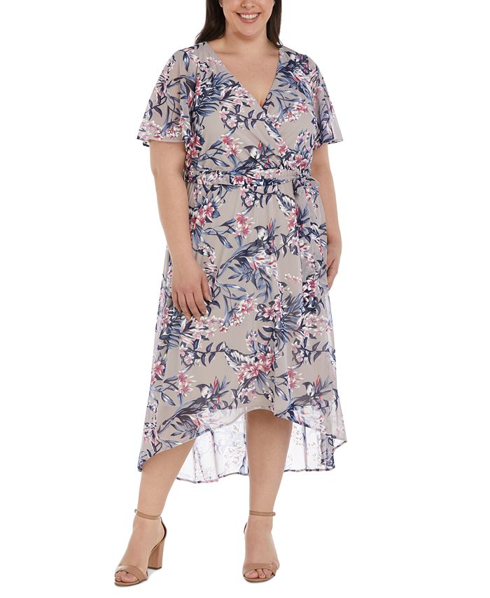 Vestido envelope falso com estampa floral e mangas esvoaçantes R &amp; M Richards feminino, marrom, tamanho 20W