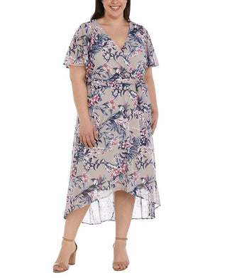 Vestido envelope falso com estampa floral e mangas esvoaçantes R &amp; M Richards feminino, marrom, tamanho 20W