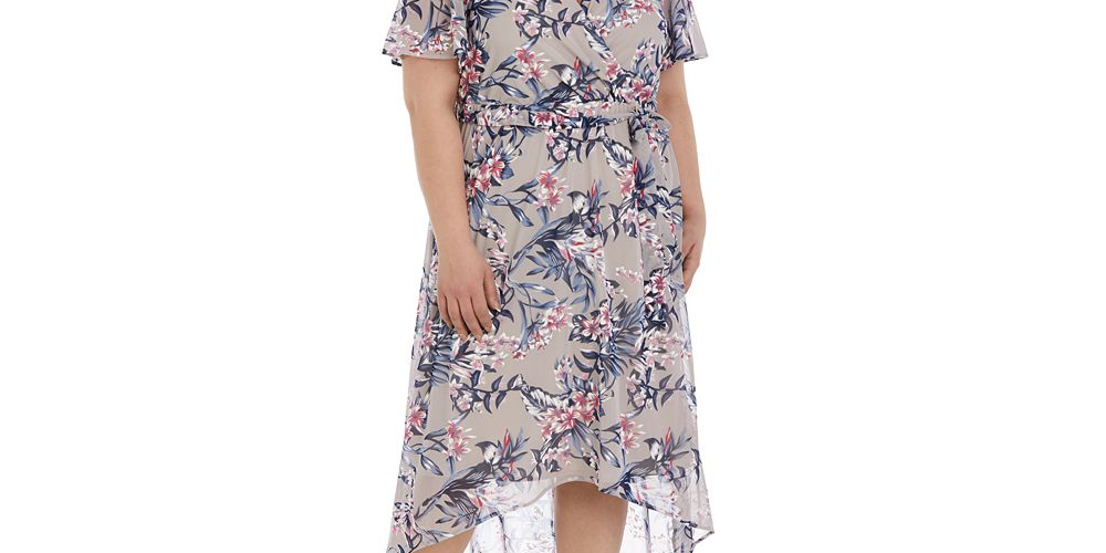 Vestido envelope falso com estampa floral e mangas esvoaçantes R &amp; M Richards feminino, marrom, tamanho 20W
