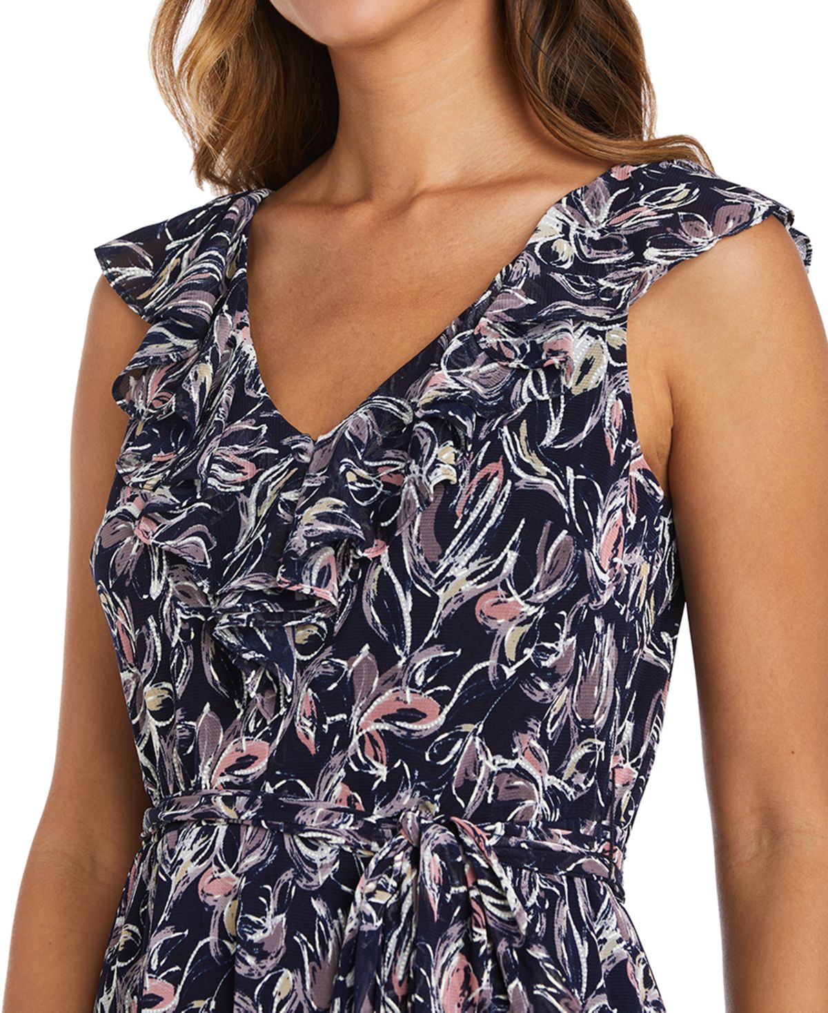 Vestido estampado sem mangas feminino R &amp; M Richards azul tamanho 10 pequeno
