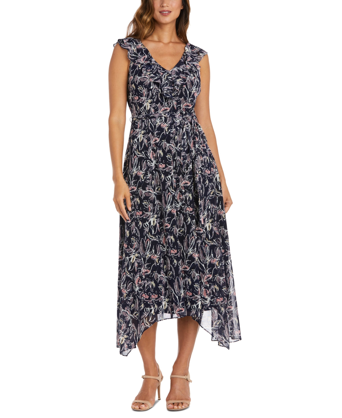 Vestido estampado sem mangas feminino R &amp; M Richards azul tamanho 10 pequeno