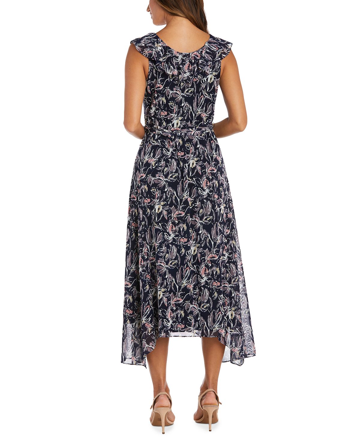 Vestido feminino com babados e decote em V, azul, tamanho 8, da R&amp;M Richards