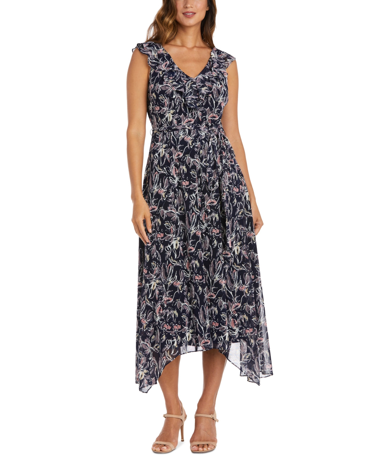 Vestido feminino com babados e decote em V, azul, tamanho 8, da R&amp;M Richards