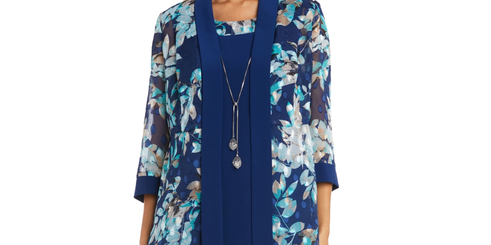 R &amp; M Richards Jaqueta e vestido estampados femininos, azul, tamanho 18W