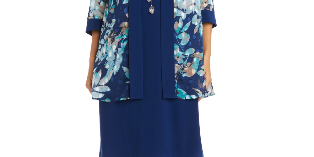 R &amp; M Richards Jaqueta e vestido estampados femininos, azul, tamanho 18W